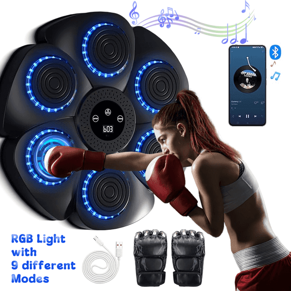 Puseky Music Boxing Machine with Boxing Gloves, Wall Mounted Smart Bluetooth Music Boxing Trainer with 9 Modes, LED Display, Workout Equipment for Home, Indoor and Gym, Black