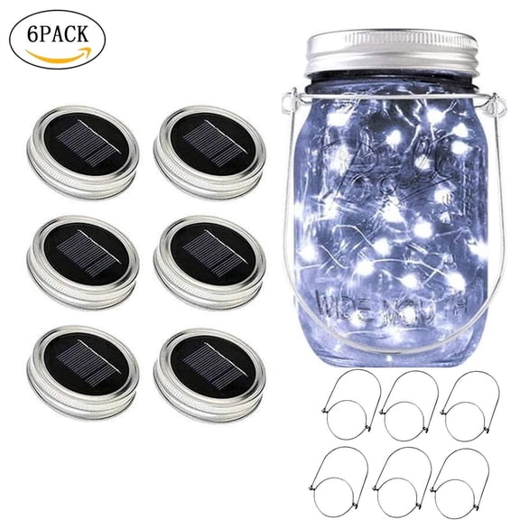 Puseky Mason Jar Solar String Lights Lid, Upgraded Antirust Waterproof 6 Pack 20 LED Jar Lid String Lights Set with 6 Hangers, Perfect for Patio Garden Wedding, Easter Decoration, White