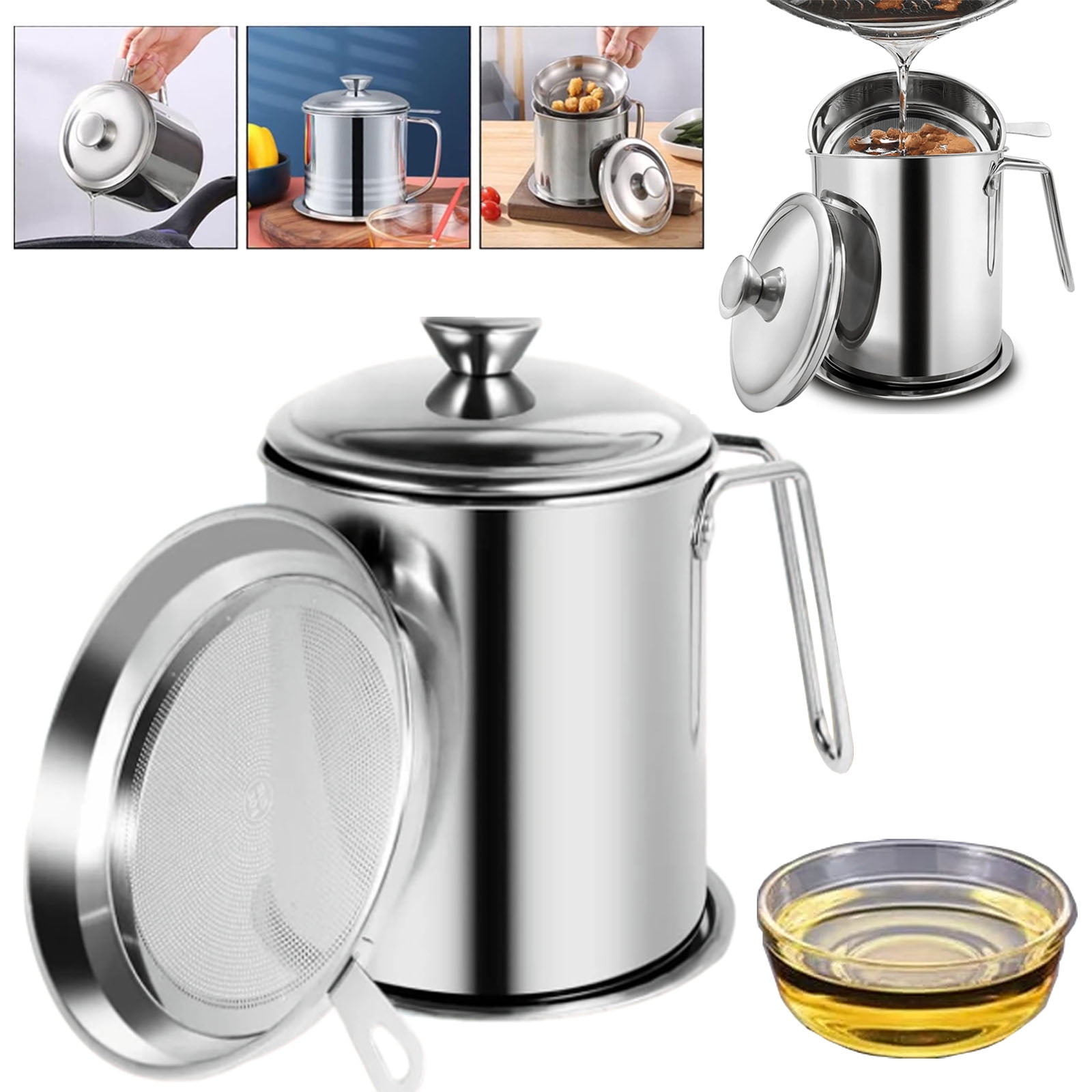 OhhGo Stainless Steel Oil Strainer Pot, 1.8L Capacity, Fine Mesh Grease ...