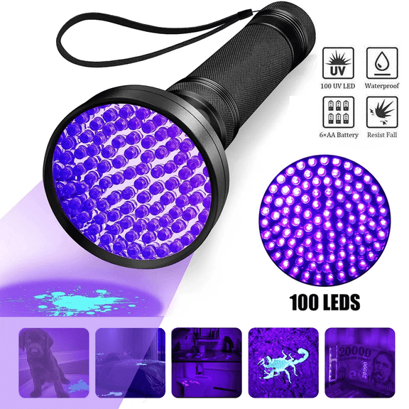 100 LED Black Light Flashlight, 8 inch UV Flashlight for Pet Urine Detection, Dry Stains, Bed Bug, Resin Curing, Scorpions Finder, Wildlife Tracks Outdoors, 365nm Wide Beam, Bright