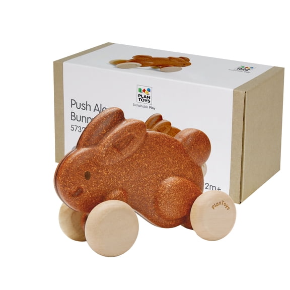 PlanToys Brown Push Along Bunny Wooden Montessori Movement and Coordination Toy | Gross Motor, Rhythm and Cause & Effect Early Learning Activity | Eco Friendly Push Toy for Active Play