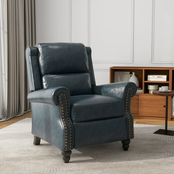 Push Back Recliner Armchair Faux Leather Wingback Accent Chair for Living Room,Navy Blue