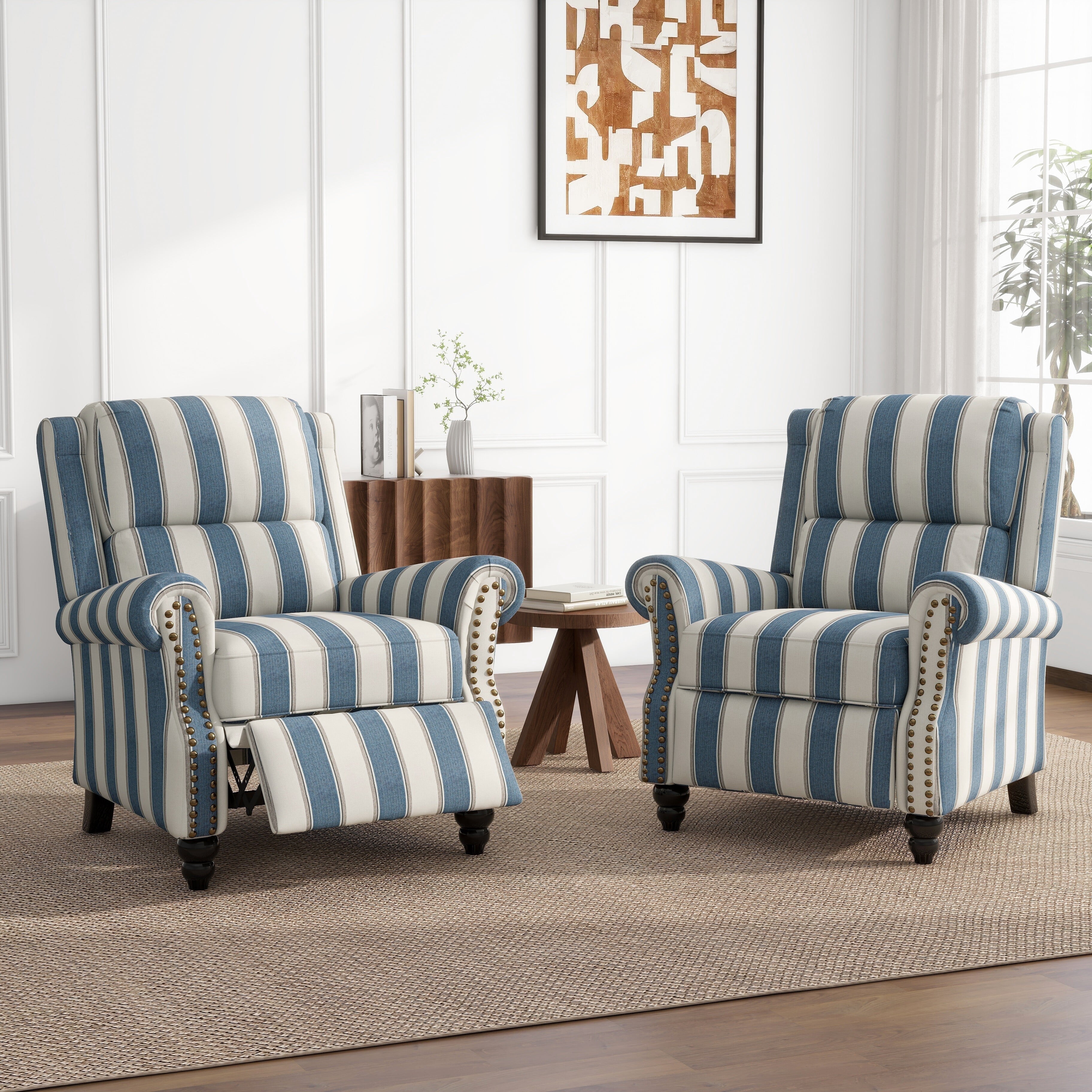 Push Back Recliner Armchair Wingback Recliner Chair Sets of 2 for Living Room,Stripe Navy