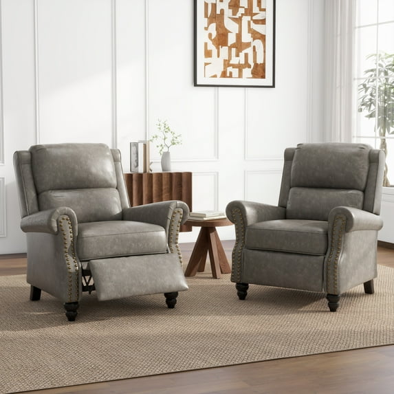 Push Back Recliner Chair Set of 2 Faux Leather Reading Recliner Wingback Chair for Living Room,Gray