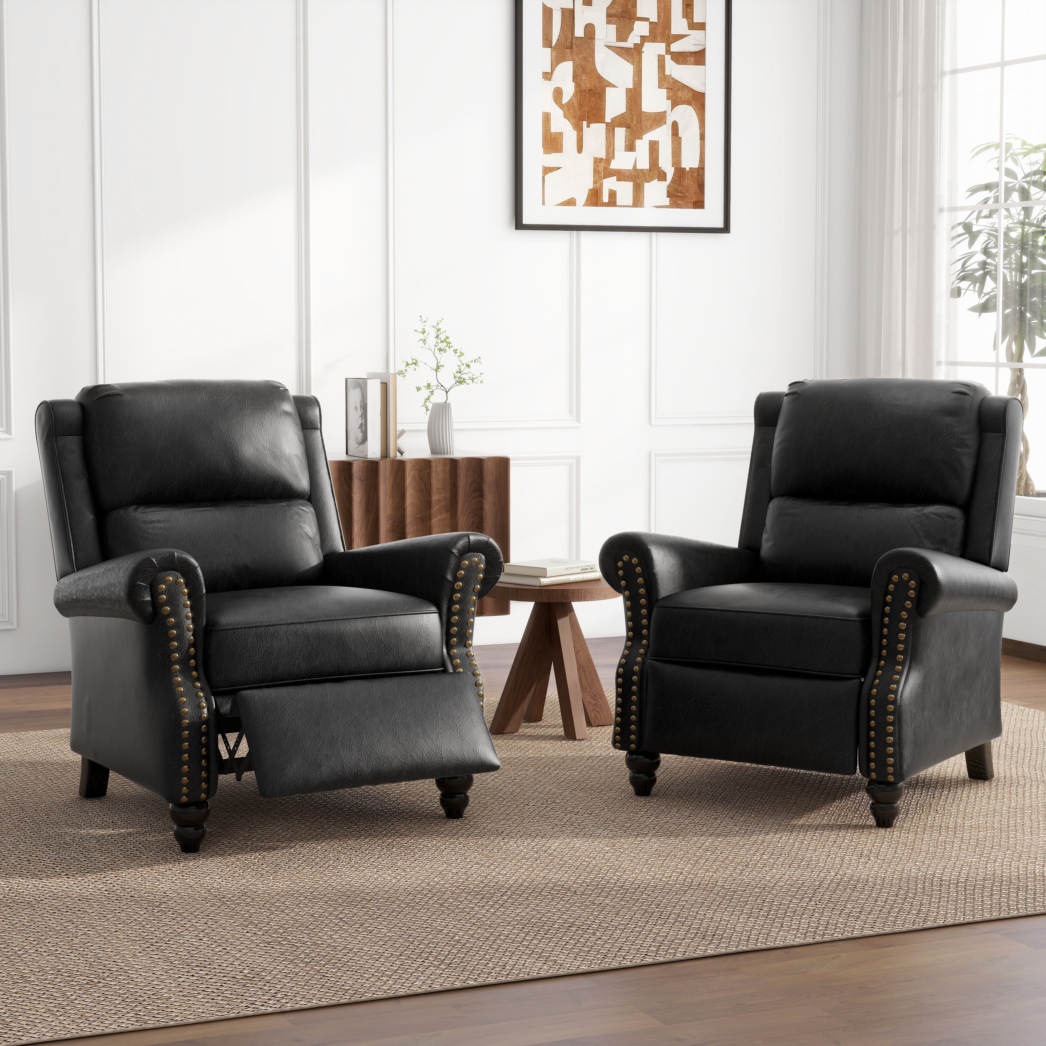 Push Back Recliner Chair Set of 2 Faux Leather Wingback Chair Reading Sofa for Living Room,Black