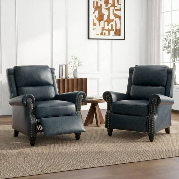 Push Back Recliner Chair Sets of 2 Faux Leather Wingback Recliner Chair for Living Room,Navy Blue