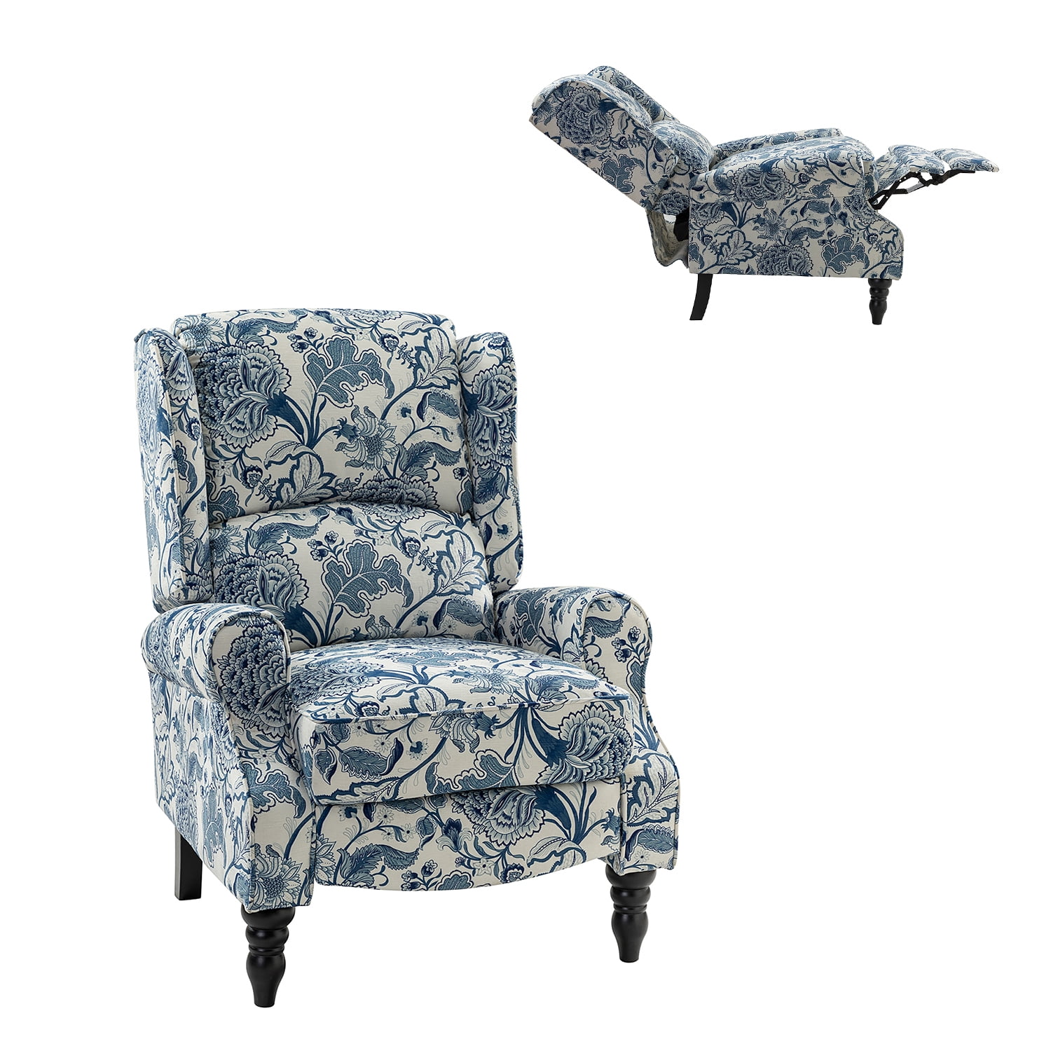 Push Back Recliner Chair, Tina's Home Wingback Wood Legs Armchair Living Room Home Theater Floral