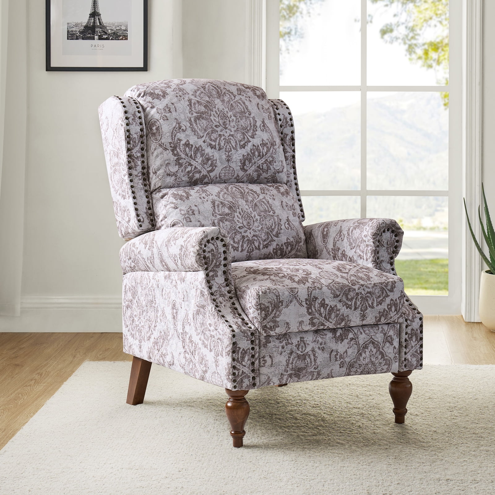 Beige Floral Polyester Wingback Recliner with Wood Legs