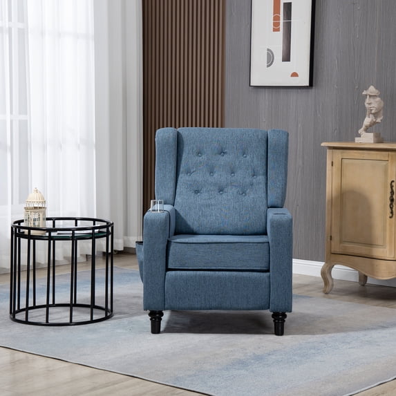 Push Back Recliner Chair, Wingback Recliner with Storage Side Pockets and USB&Wireless Charging, Modern Fabric Chair with Adjustable Tufted Back and Footrest for Living Room Office, Blue
