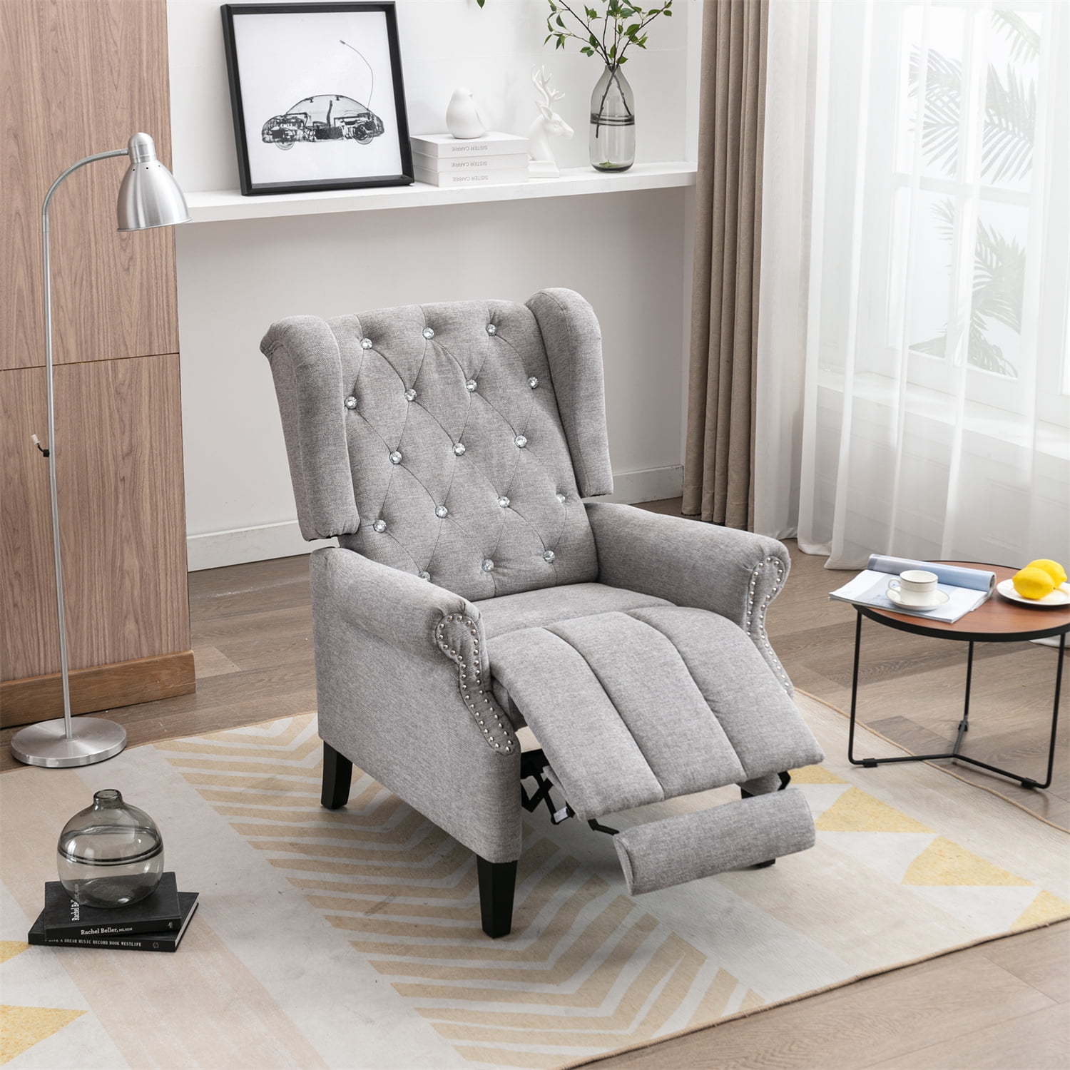 Push Back Recliner, Modern Linen Fabric Upholstered Recliner Chair with Adjustable Backrest and