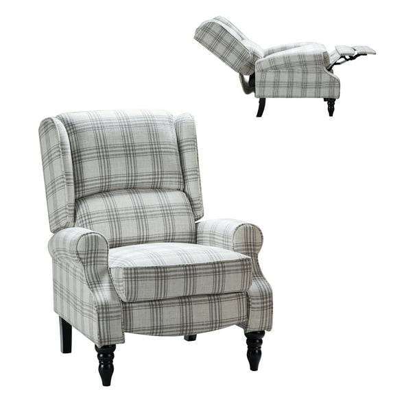 Push Back Recliner, Tina's Home Wingback Wood Legs Armchair Living Room Home Theater Plaid Grey