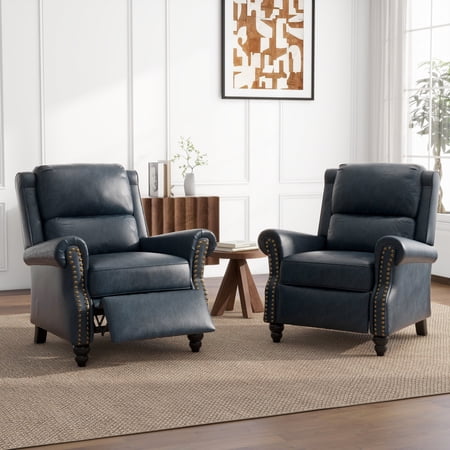 Push Back Recliner Wingback Chair Set of 2 Faux Leather Wingback Recliner for Living Room Bedroom,Navy Blue