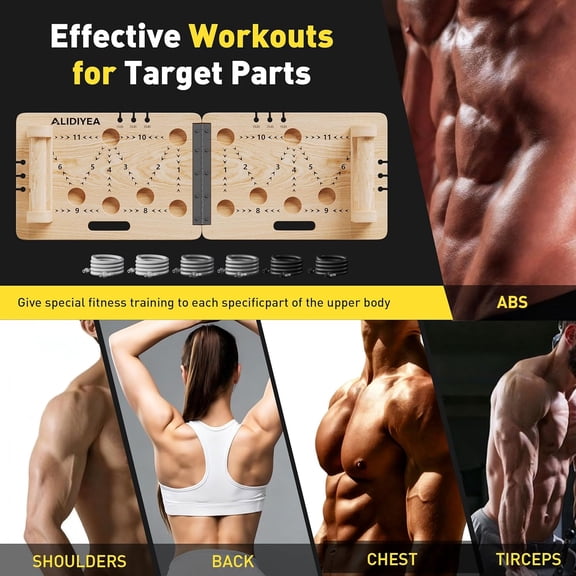 Push Up Board 30 in 1 Foldable with Resistance Bands - Thickened Pine Wood Multi-Push Up Board for Men & Women, Portable Gym/Home Workout Gear for Chest, Shoulders, Arms & Back