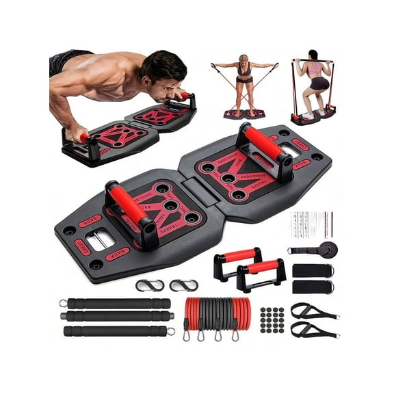 Push Up Board Home Gym System, 9-In-1 Portable Workout Station with Resistance Bands and Pilates Bar for Abs, Back, Shoulders, Butt Muscle Strength Training