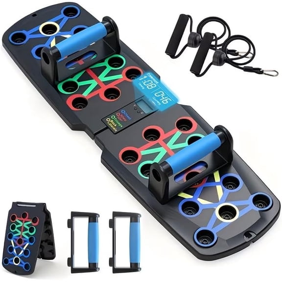 Push Up Board + Non Slip Handle + Resistance Bands, with Automatic Count & Timer, Foldable Portable Professional Workout Equipment Pushup Bar Resistance Chest Exercise Strength Function Gym Home Floo