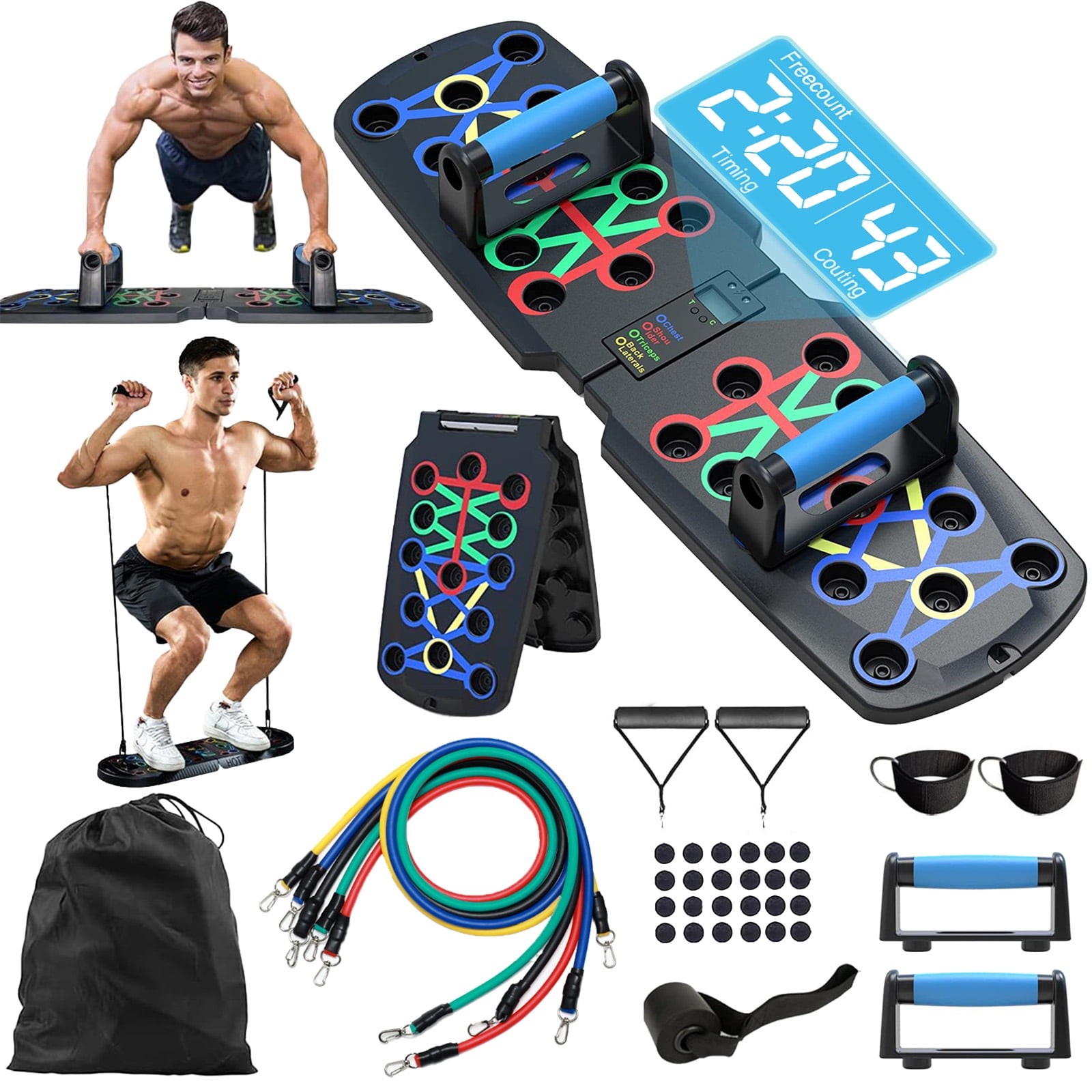 Goplus Portable Push Up Board, 33.5''x 20'' Home Gym Workout Equipment w/  16 Exercise Accessories, Tricep Bar, Resistance Bands, Ab Roller Wheel