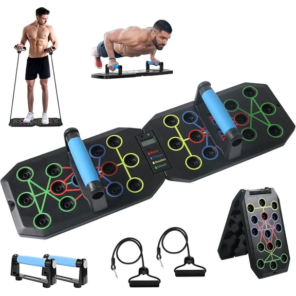 Push Up Board with Resistance Bands, Foldable Push Up Bar with Counter/Timer, Multi-function Push-Up Stand Home Workout Equipment with Handles for Fitness Burn Fat Chest Strength Training