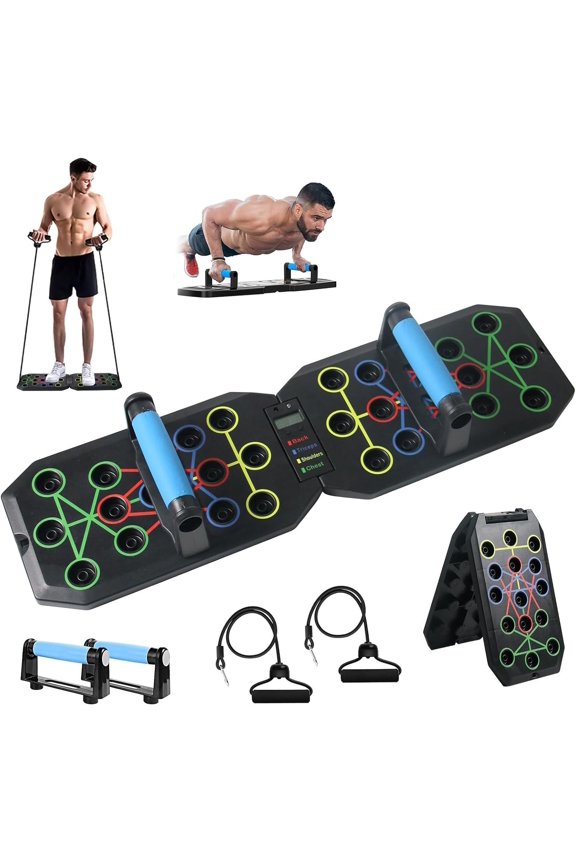 Push Up Board with Resistance Bands, Foldable Push Up Bar with Counter/Timer, Multi-function Push-Up Stand Home Workout Equipment with Handles for Fitness Burn Fat Chest Strength Training