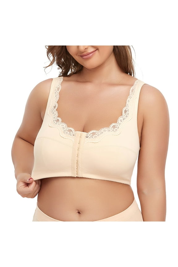 Push Up Bras for Women Plus Size No Underwire Lace Cup Front Button Thin Large Bra Underwear V-Neck Padded Bra Feature Hook and Eye Closure Full-Figure Bra Style Y-506 , Beige S