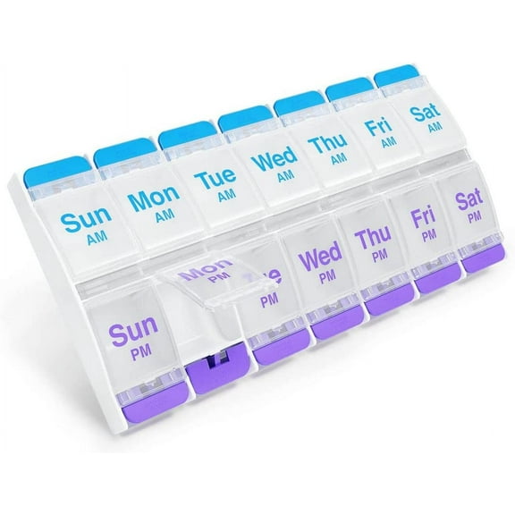 Push Button (7-Day) Pill, Medicine, Vitamin Organizer | Weekly, 2 Times a Day, AM/PM | Large Compartments | Arthritis Friendly | Clear Lids
