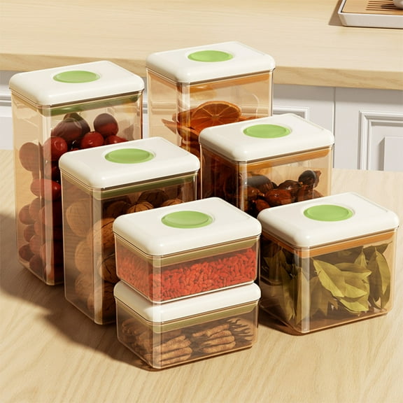Push-Button Airtight Plastic Food Storage Container | 0.6L Dry Food Dispenser Jar | Grain Storage Bin with Sealed Lid | Transparent Green Canister | Stackable Kitchen Storage Organizer