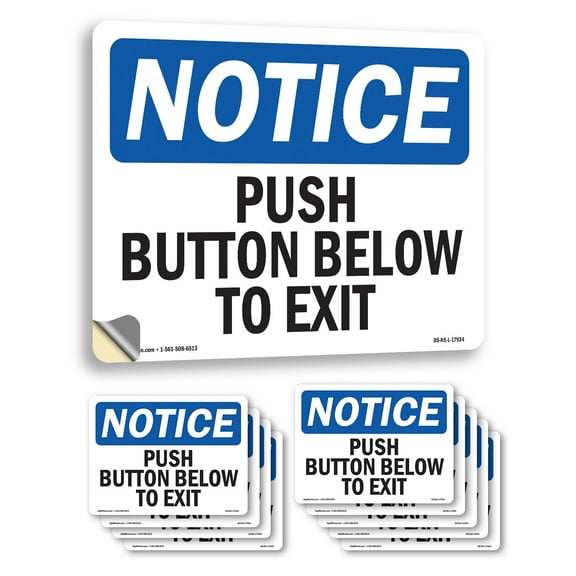 Push Button Below To Exit OSHA Notice Vinyl Decal Label 14 Inch x 10 Inch - 10 Pack