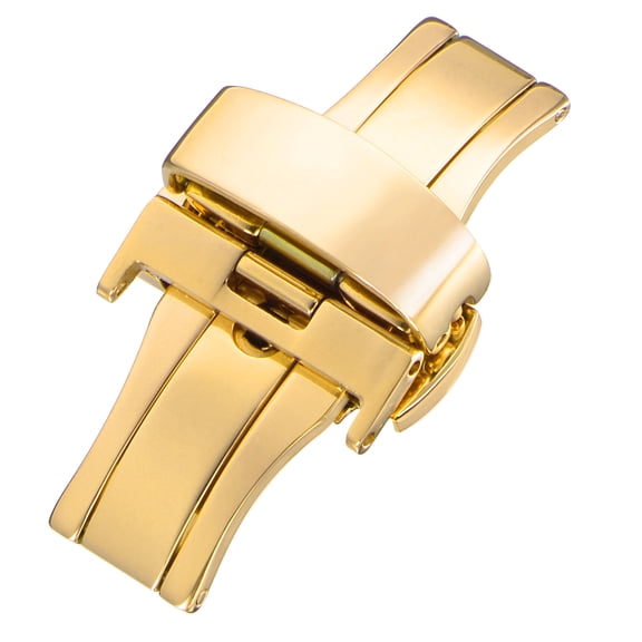Push Button Folding Deployment Clasp Solid Steel Buckle for 18mm Leather Watch Strap, Gold Tone
