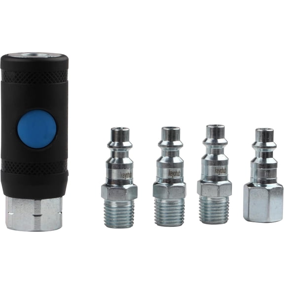 Push Button Safety 1/4 Inch Air Hose Fitting, 5 Pieces | Quick Connect Coupler, Steel with Zinc Plating