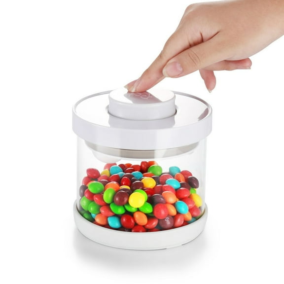 Push-Button Sealing Jar | High Borosilicate Glass Food Storage Container for Cereal, Coffee, Candy | Clear Airtight Kitchen Jar