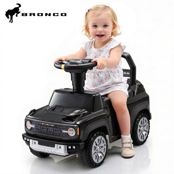 Push Car for Toddlers 1–3, Ford Bronco Ride On Toy with Steering Wheel, Music, Horn & Engine Sounds, LED Lights, Under Seat Storage, Silent Wheels, Easy Push Ride On Car for Boys & Girls, Black