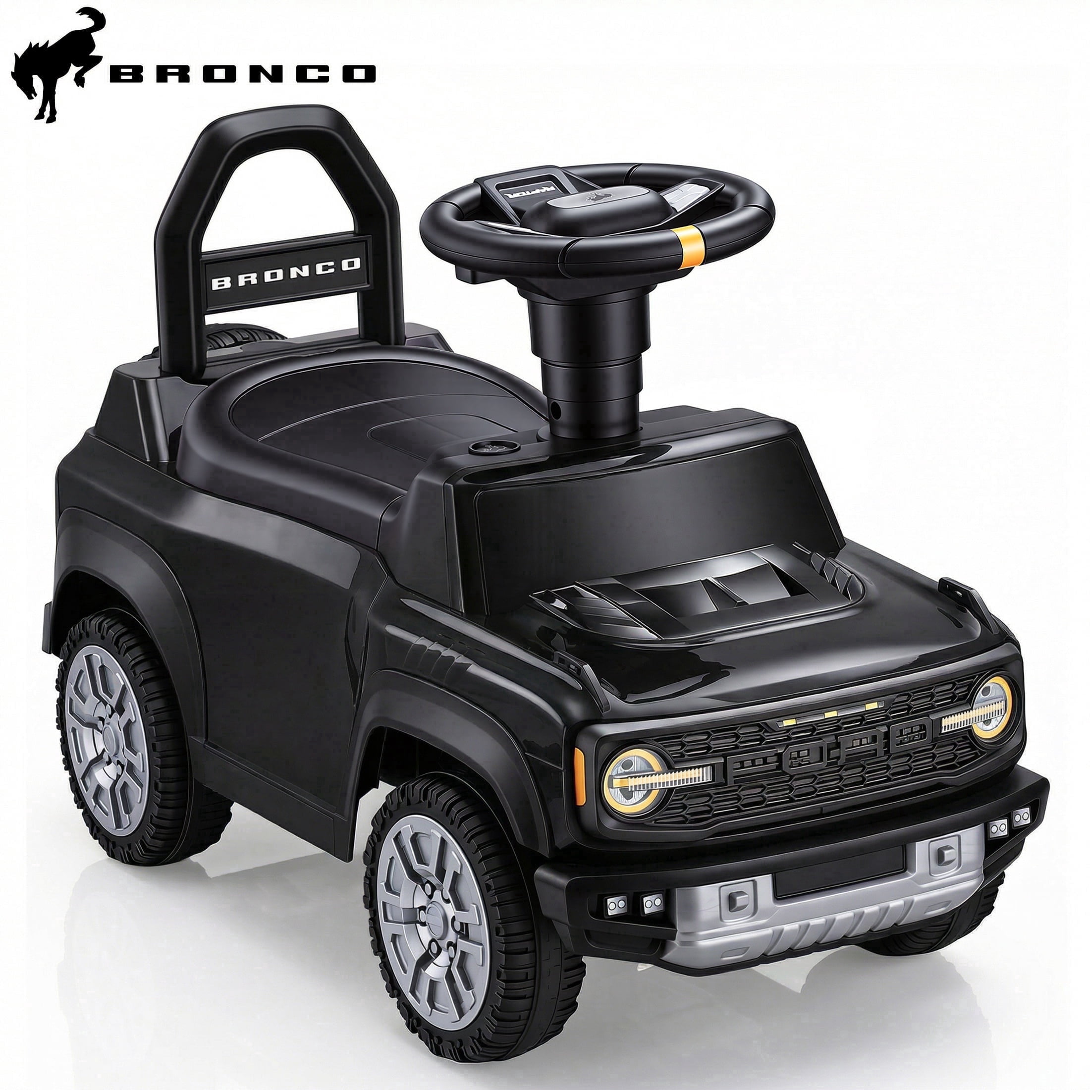 Ford Bronco Ride On Car for Toddlers 1-3, Ride On Toys with Steering Wheel, Music, Horn & Engine Sounds, Under Seat Storage, Silent Wheels, Easy Push Footto Floor Car for Boys & Girls, Black