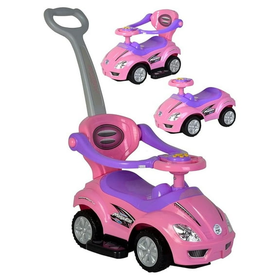 Push Cars for Toddlers, 3 in 1 Ride on Push Car with Guardrail, Ride on Toys Car w/Push Handle & Horn & Music & Under Seat Storage, Pink