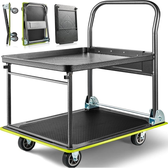 Push Cart (700 lbs), Foldable Platform Hand Made with High-Strength , 2 Tier Design, Moving Flatbed Cart with Wheels for Warehouse, Garage, Workshop, Office
