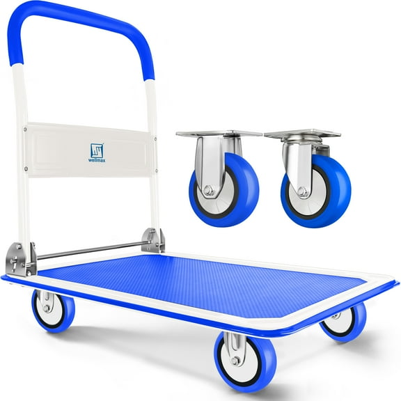 Push Cart Dolly by Wellmax, Moving Platform Hand Truck, Foldable for Easy Storage and 360 Degree Swivel Wheels with 330lb Weight Capacity, Blue Color