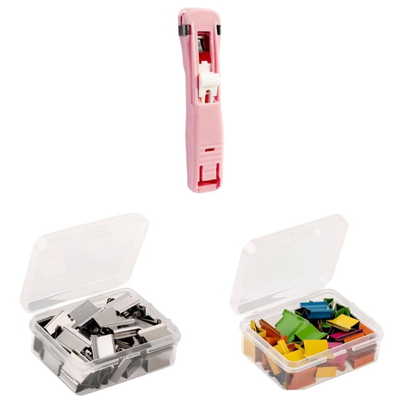 Push Clip Stapler with 100 Reusable Clips - Handheld Paper Clamp Dispenser - Portable Document Binding Tool for Office and Home - 1 Stapler + 100 Clips