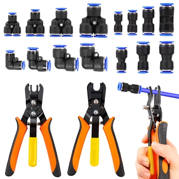 Push to Connect Fitting Air Line Disconnect Pliers Kit Portable Air Line Removal Tool with Pneumatic Fitting for 1/4 5/16 3/8 1/2 Inch Push Fit Pneumatic Connector, 17 Pcs/Set