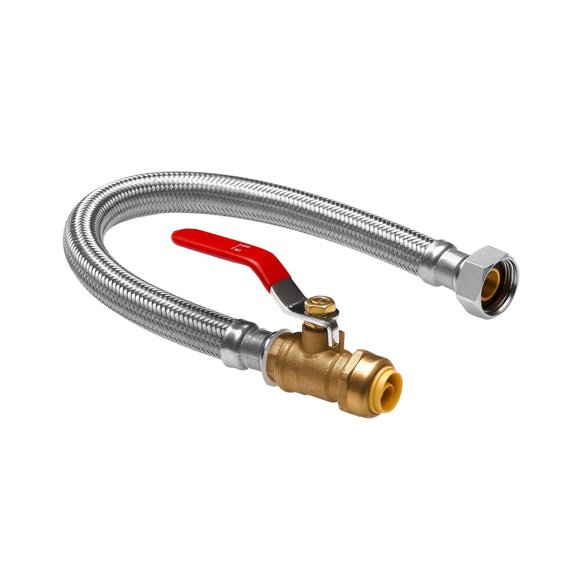 Push Fit Valve Flexible Water Heater Connector Kit 3/4 Inch FIP x 1/2 Inch PTC Ball Valve Stainless Steel Braided Supply Line for Bathroom Kitchen Laundry Room