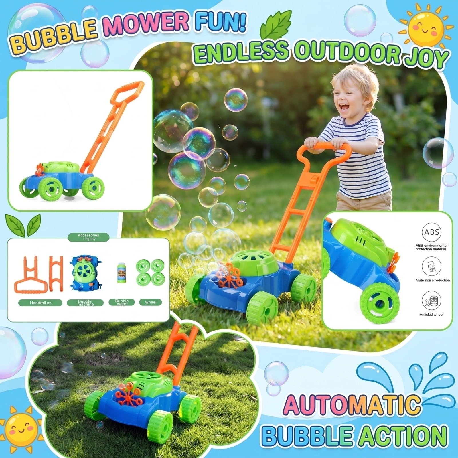 Push Lawn Bubble Blowing Machine with Automatic Bubble Maker and 50ml Solution, Outdoor Rolling Bubble Cart ABS Design for Interactive Party Activities