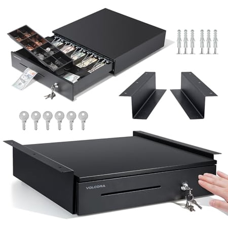 Manual Push Open Cash Register Drawer with Under Counter Mounting Metal Bracket - 16" Black/Stainless Steel Front Cash Drawer for POS, Partial Removable 5 Bill 8 Coin Tray, Key Lock, Media Slots