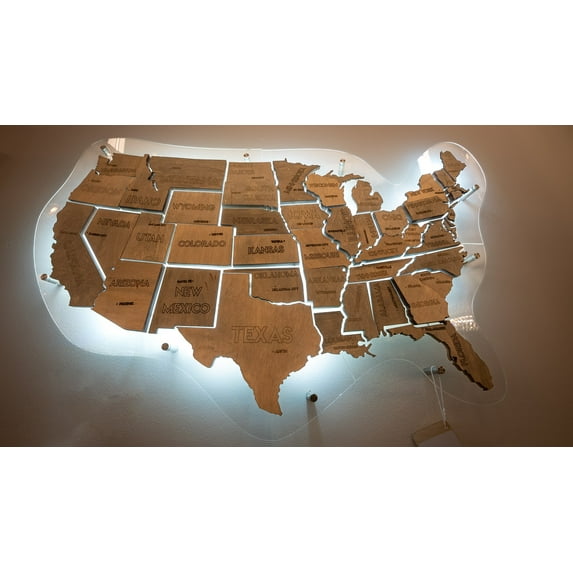 Push Pin Wood USA Map with Led Light - Acrylic Base Wall Decor Led USA Map for Home & Kitchen or Office - Unique Christmas Gift for Travel Lover (XL, Grey)