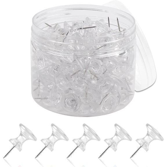Push Pins 100 Count, Standard Clear Thumb Tacks Steel Point and Clear Plastic Head (Clear, 1 inch)