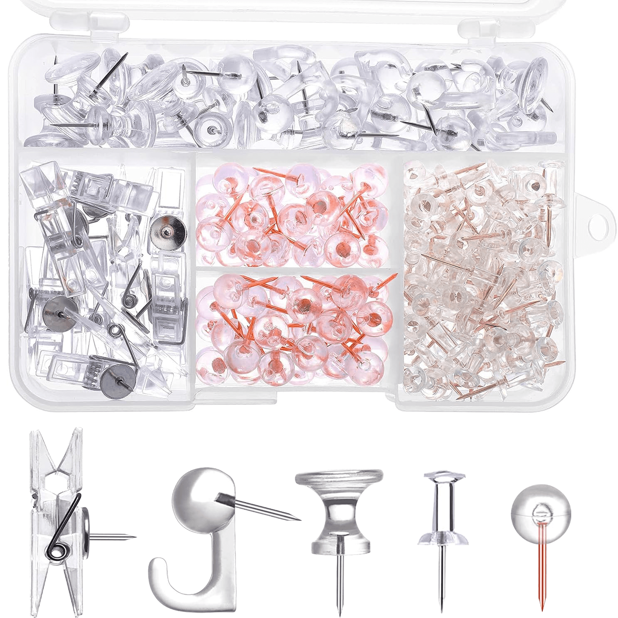 Push Pins for Cork Board, 200pcs Clear Thumb Tacks Pushpins with Clips