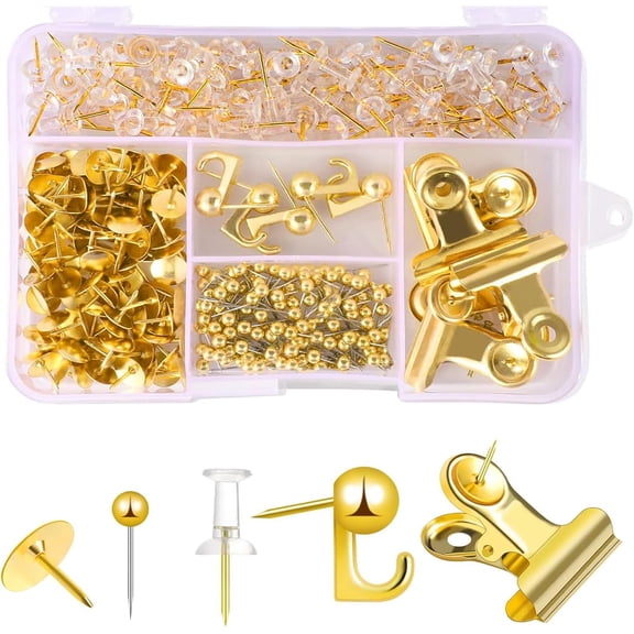 Push Pins Set 310 PCS, Cute Pushpin Clip Decorative Push Pins for Cork Board with Push Pin Hook Pushpin Clip Office Accessories (Gold)
