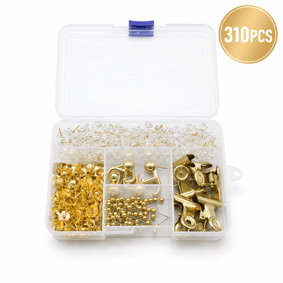 Push Pins Set, 310 PCS Gold Decorative Push Pins for Cork Board with Push Pin Hook Pushpin Clip Office Accessories