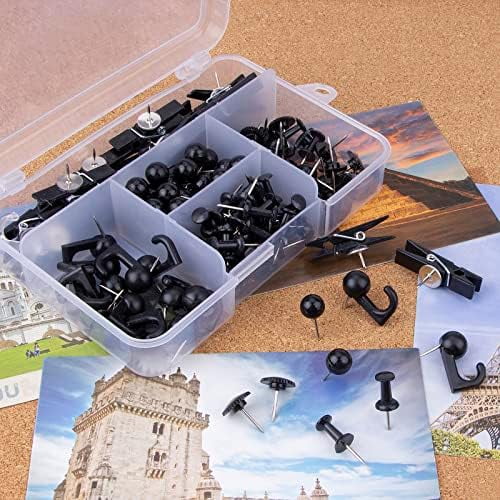 Push Pins Set, 5 Styles Thumb Tacks Map Pins, Steel Point Pushpins Thumbtacks for Cork Board Bulletin Boards (Black-140pcs)