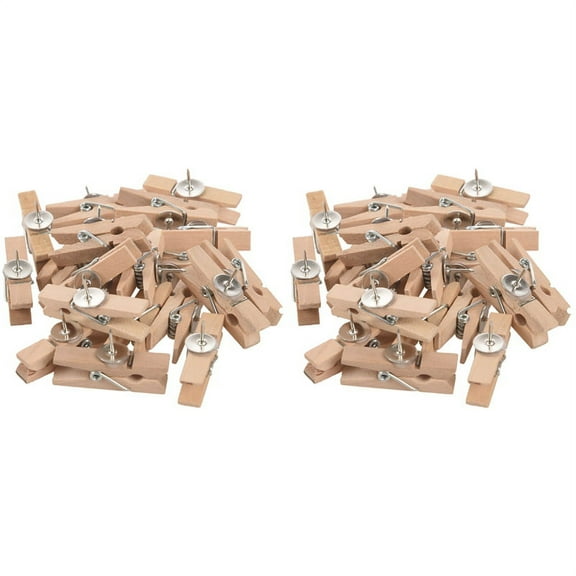 Push Pins with Wooden Clips Pushpins Tacks Thumbtacks, Paper Clips with Pins for Cork Boards Natural Color 40pcs