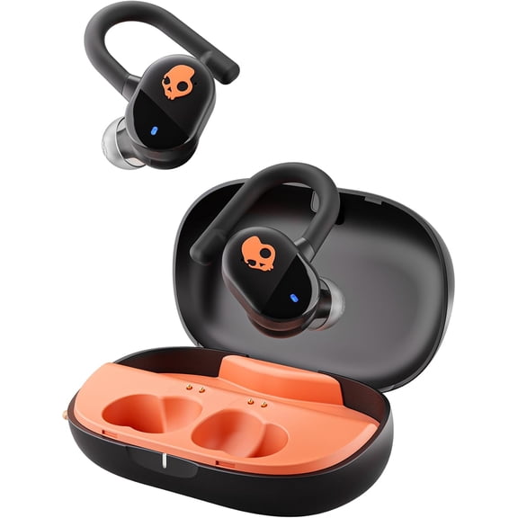 Push Play Active Wireless Earbuds, Bluetooth Headphones, Noise Isolating Fit, 34 Hrs Battery, Secure-Fit Over-Ear Hanger, Sweat Water Resistant, Microphone for iPhone Android - Black/Orange