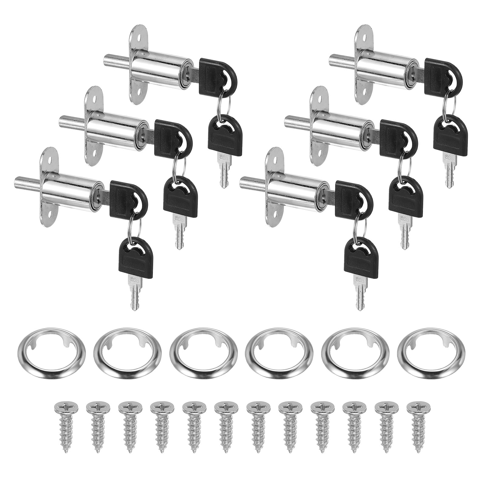 Push Plunger Lock with Keys & Screws & Locking Ring, Keyed Alike for Window Barn Drawer Cabinet 1-1/4"