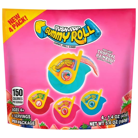 Push Pop Assorted Fruit Flavored Gummy Roll Candy, Variety Pack 5.6oz Bag, 4 - 1.4 oz Gummy Rolls