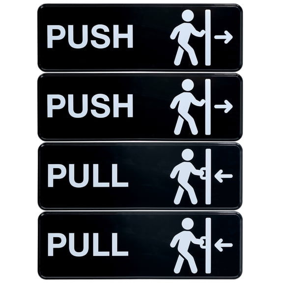 Push/Pull 9x3" Plastic Business Sign 4-Pack, Black and White